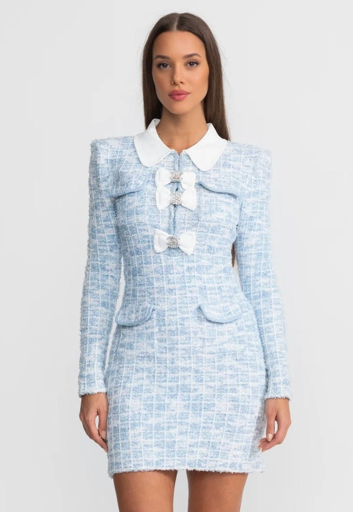 Olivia Bennet | Light Blue Contrast Collar Bow-Embellished Tweed Dress