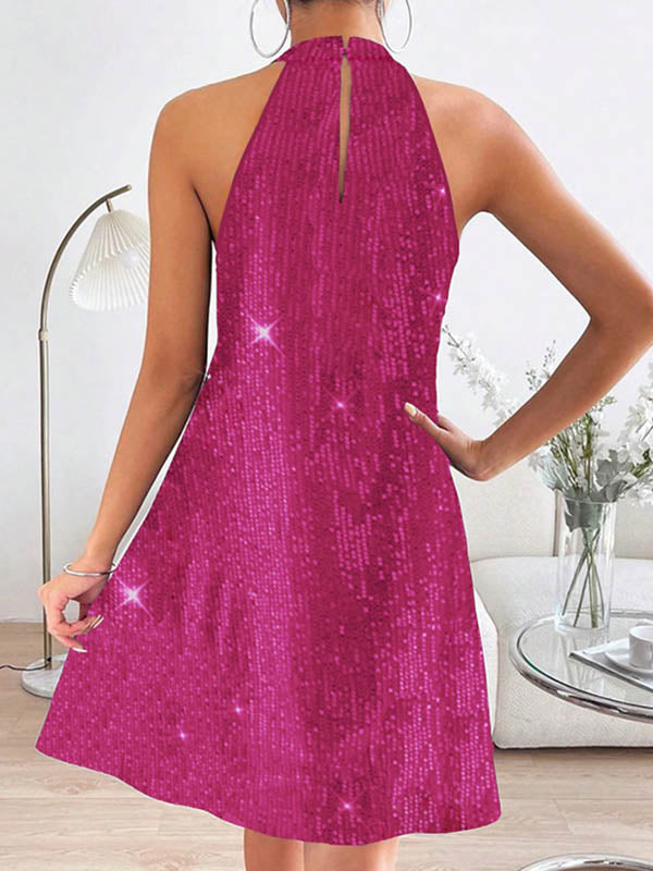 Olivia Bennet | A-Line Loose Hollow Sequined Solid Color Halter-Neck Mini Dresses