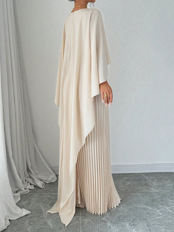 Olivia Bennet | Cape High-Low Pleated Solid Color Split-Joint Round-Neck Evening Dresses Maxi Dresses
