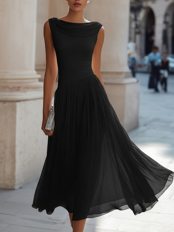 Olivia Bennet | Draped Neck Sleeveless Pleated Midi Dress