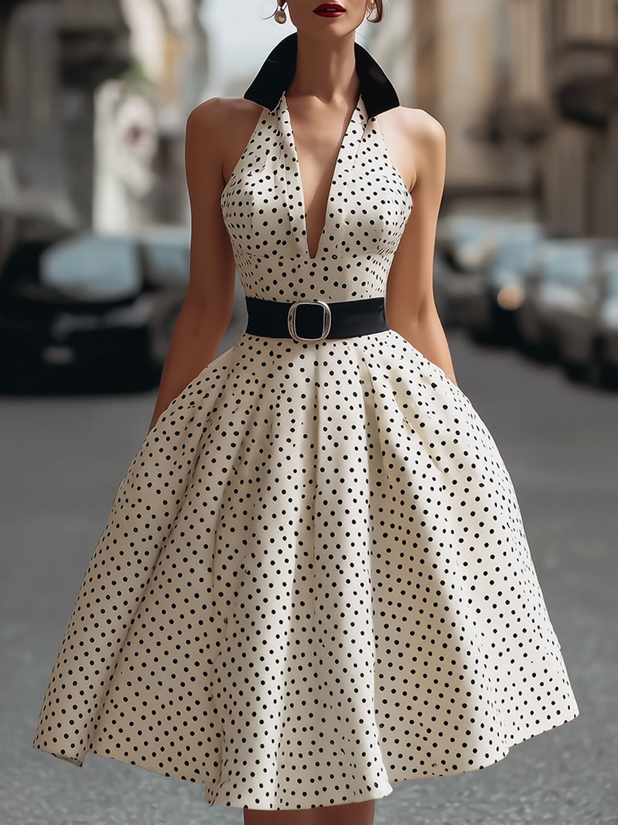 Olivia Bennet | Polka Dot Halter A-Line Midi Dress