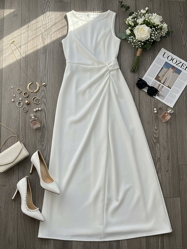 Olivia Bennet | Sleeveless Gauze Pleated Solid Color Split-Joint Round-Neck Evening Dresses Maxi Dresses
