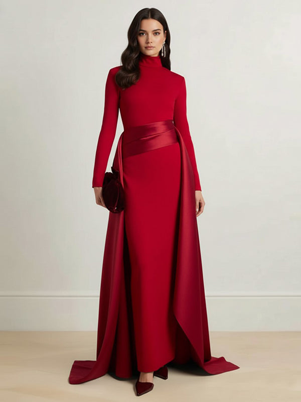 Olivia Bennet | Bodycon Elasticated Waist Asymmetric Solid Color Split-Joint High Neck Maxi Dresses