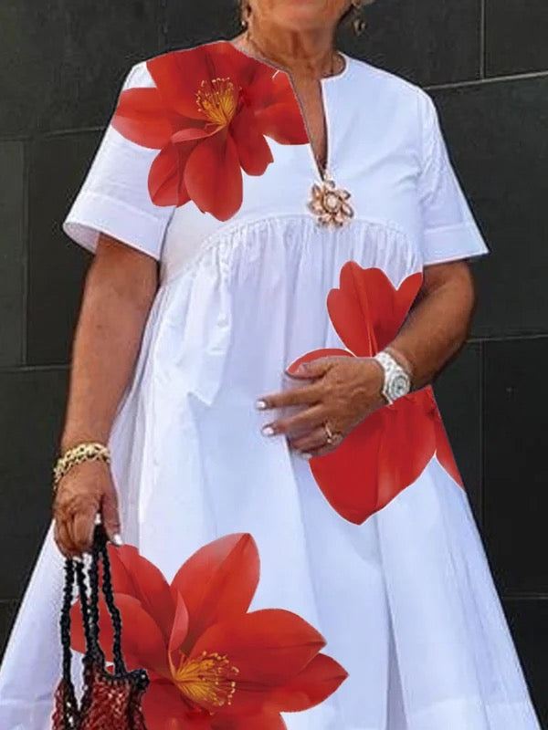 Olivia Bennet | A-Line Loose Flower Print Pleated V-Neck Midi Dresses