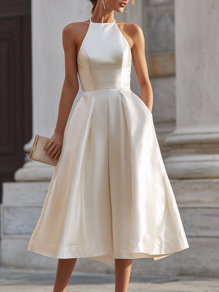 Olivia Bennet | Ivory Halter-Neck Pleated Chiffon Dress