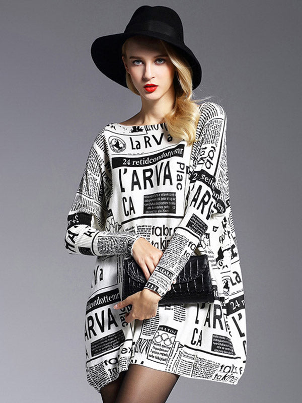 Olivia Bennet | Vintage Loose One-Shoulder Newspaper Printed Split-Joint Sweater
