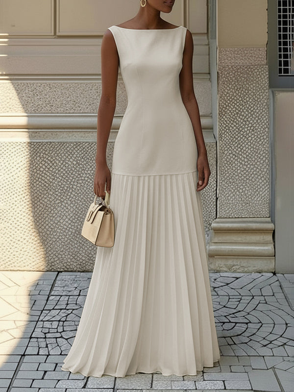 Olivia Bennet | Sleeveless Gauze Pleated Solid Color Split-Joint Boat Neck Evening Dresses Maxi Dresses