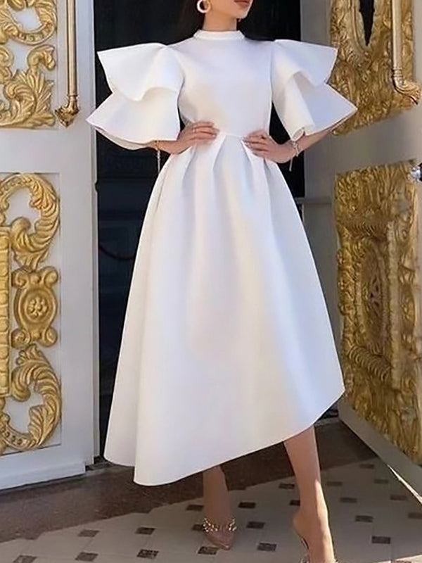 Olivia Bennet | Original Loose Half Sleeves Falbala Solid Color Round-Neck Midi Dresses