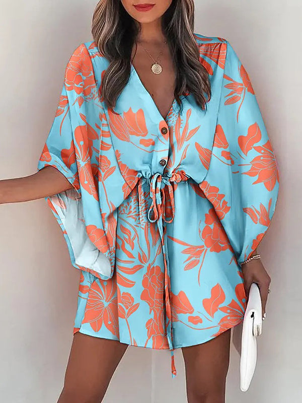 Olivia Bennet | Original Loose Floral Printed Contrast Color Tied Mini Shirt Dress