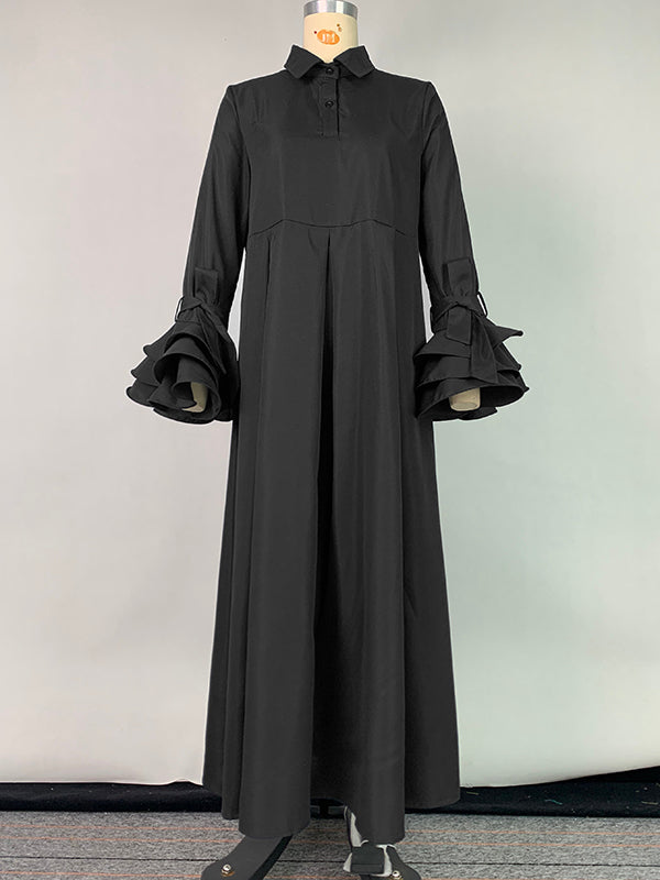 Olivia Bennet | Flared Sleeves Pleated Solid Color Split-Joint Lapel Maxi Dresses Shirt Dress