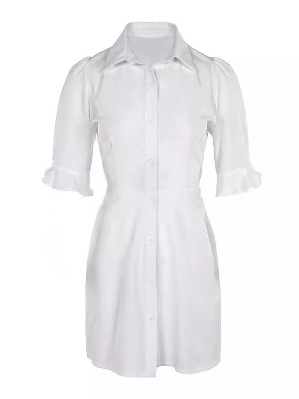 Olivia Bennet | Puff Sleeves Short Sleeves Solid Color Split-Joint Lapel Mini Dresses Shirt Dress
