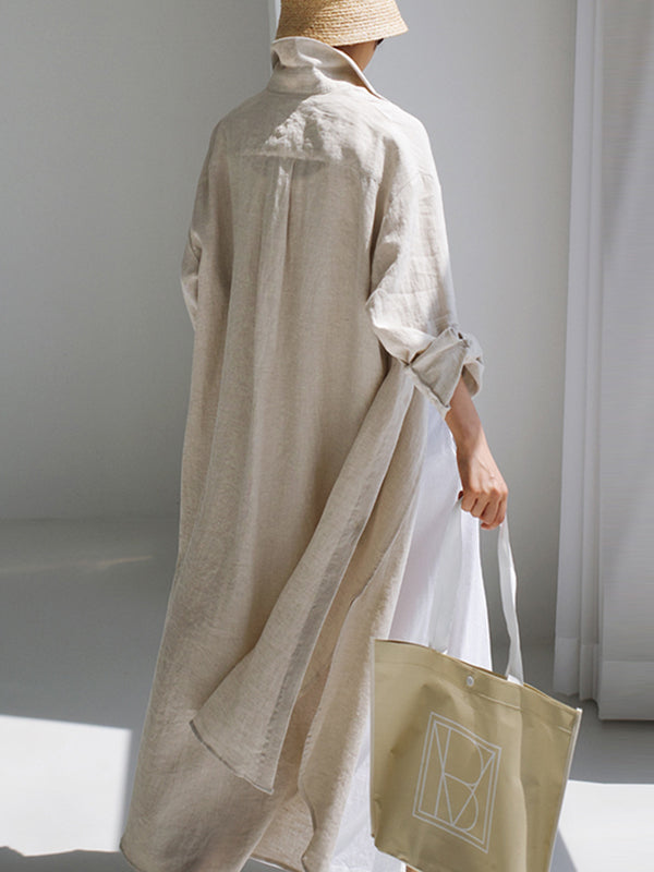 Olivia Bennet | Simple Long Sleeves Split-Side Solid Color Lapel Midi Dresses Shirt Dress
