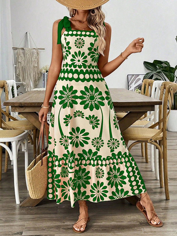 Olivia Bennet | A-Line Loose Elasticity Flower Print Pleated Tied Spaghetti-Neck Midi Dresses