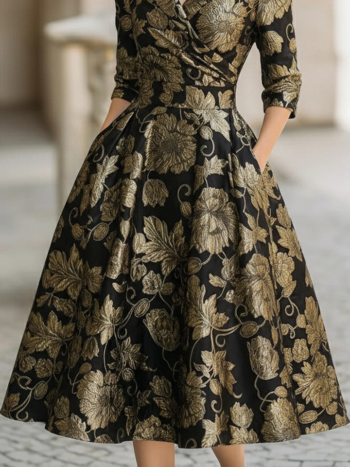 Olivia Bennet | Black & Gold Floral Midi Jacquard Dress
