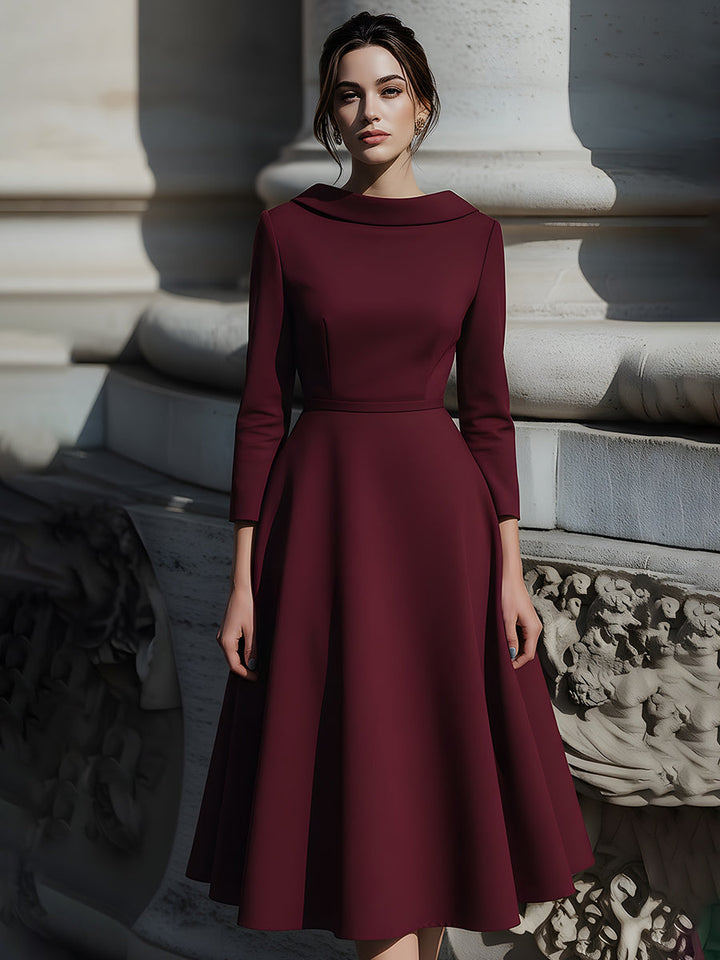 Olivia Bennet | Burgundy Structured Boat-Neck Midi Dress