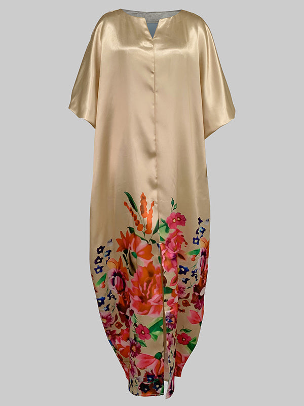 Olivia Bennet | A-Line Half Sleeves Elasticity Flower Print Split-Front V-Neck Maxi Dresses