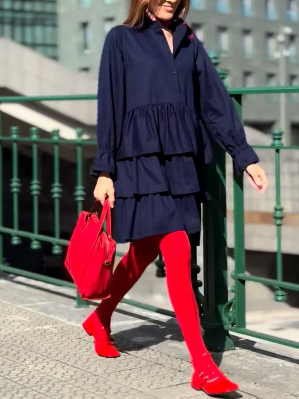 Olivia Bennet | Flared Sleeves Long Sleeves Buttoned Elasticity Layered Solid Color V-Neck Mini Dresses