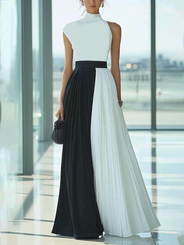 Olivia Bennet | High Waisted Loose Contrast Color Pleated Mock Neck Maxi Dresses