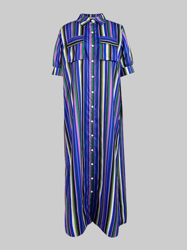 Olivia Bennet | Long Sleeves Loose Split-Joint Striped Lapel Maxi Dresses Shirt Dress