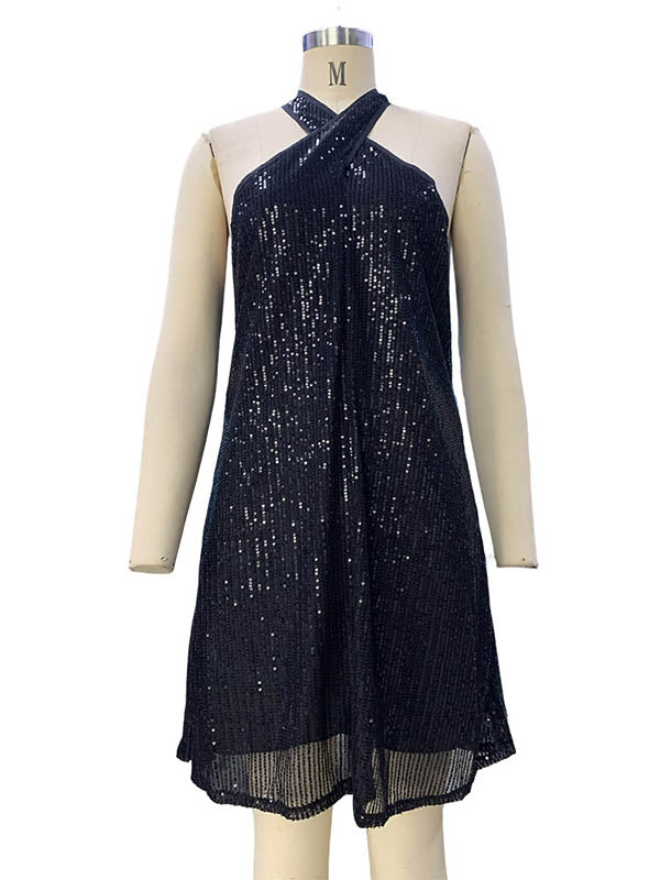 Olivia Bennet | A-Line Loose Hollow Sequined Solid Color Halter-Neck Mini Dresses