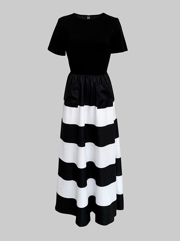 Olivia Bennet | A-Line High Waisted Contrast Color Pleated Pockets Round-Neck Maxi Dresses