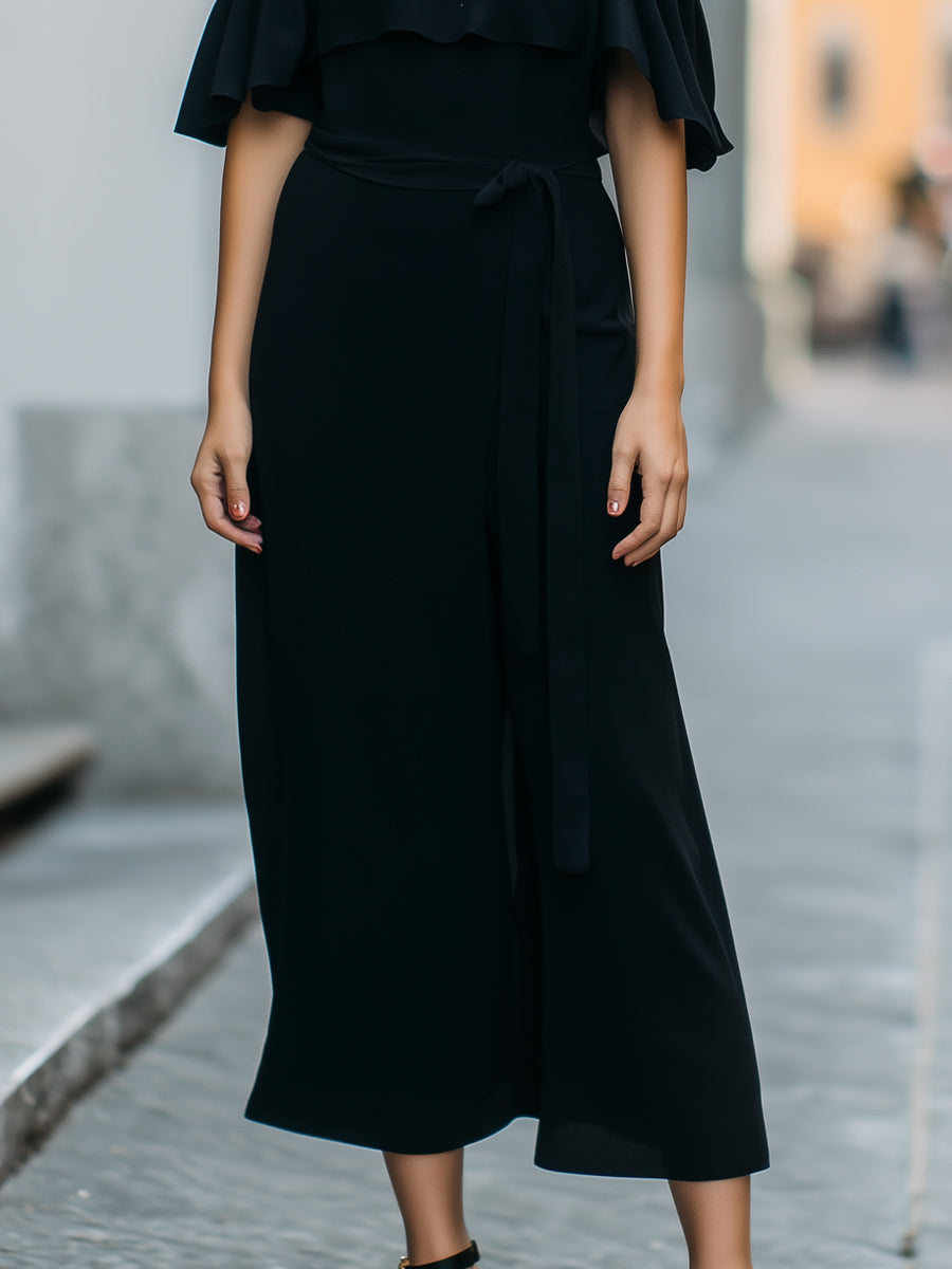 Olivia Bennet | Black Cold-Shoulder Ruffled Chiffon Midi Dress