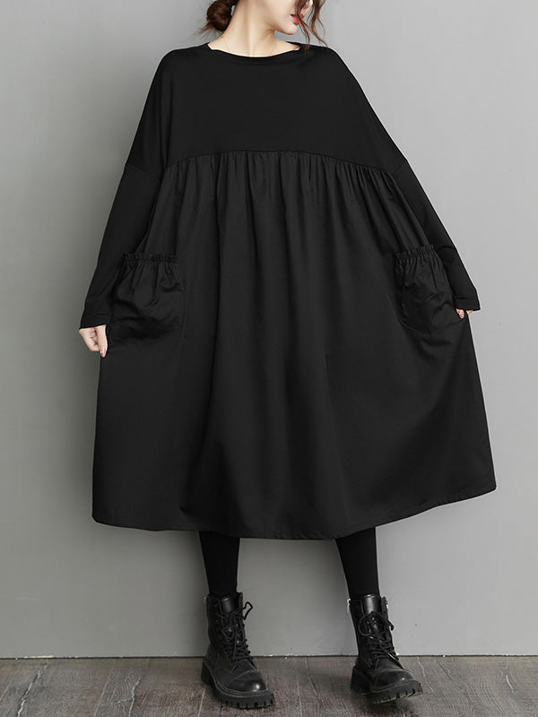 Olivia Bennet | Simple Loose Black Split-Joint Long Sleeves Midi Dress