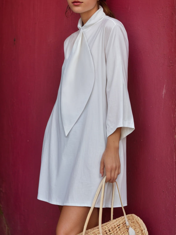 Olivia Bennet | Loose Three-Quarter Sleeves Solid Color Stand Collar Mini Dresses Shirt Dress