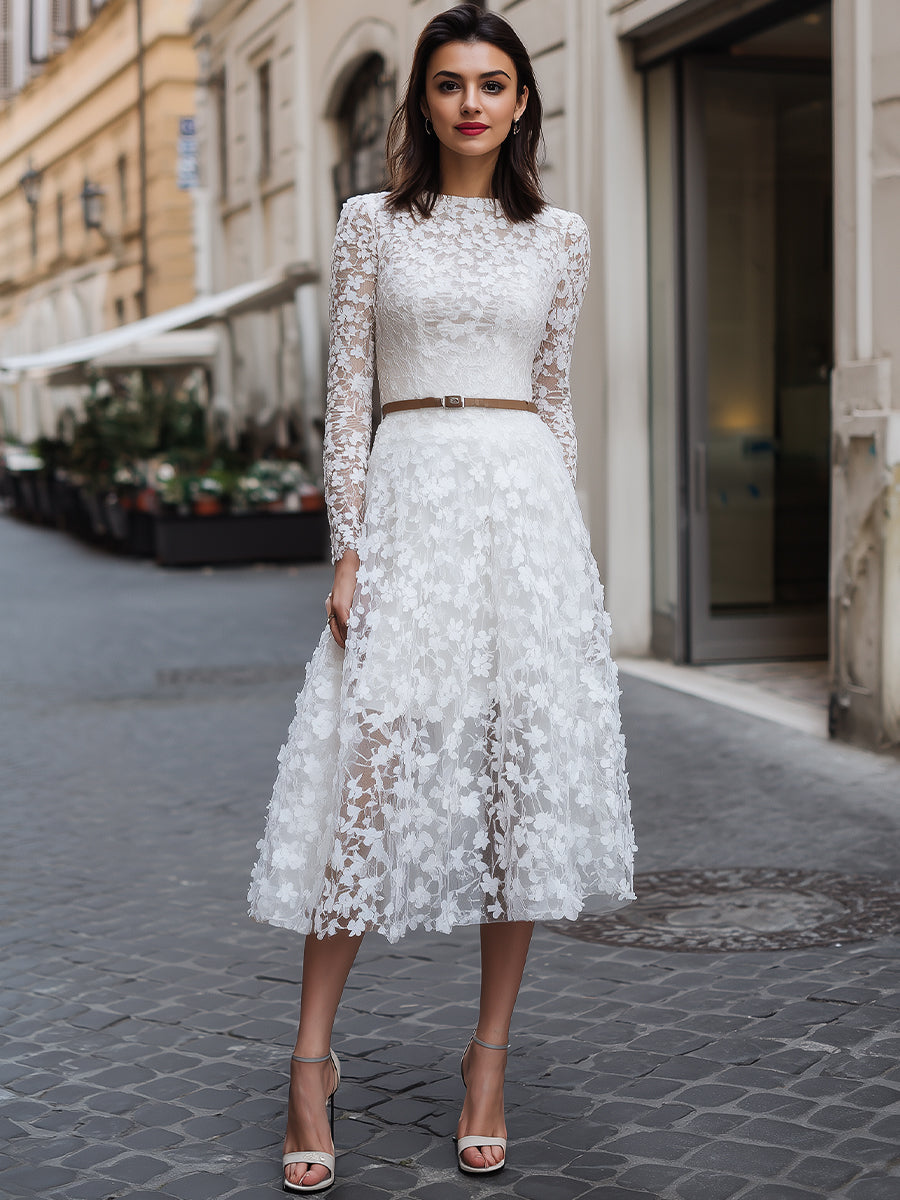 Olivia Bennet | Ivory Floral Long-Sleeve Lace Midi Dress