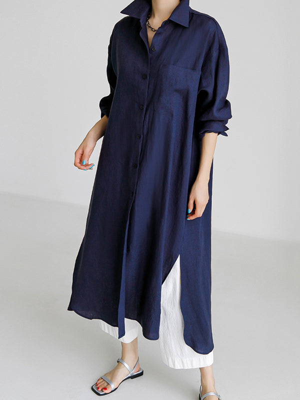 Olivia Bennet | Simple Long Sleeves Split-Side Solid Color Lapel Midi Dresses Shirt Dress