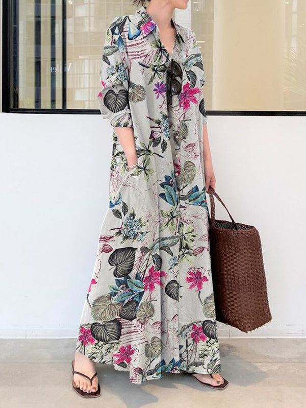 Olivia Bennet | Loose Plus Size Printed Split-Joint Lapel Maxi Dresses Shirt Dress