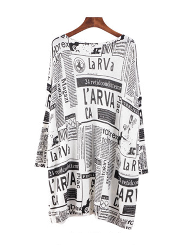 Olivia Bennet | Vintage Loose One-Shoulder Newspaper Printed Split-Joint Sweater