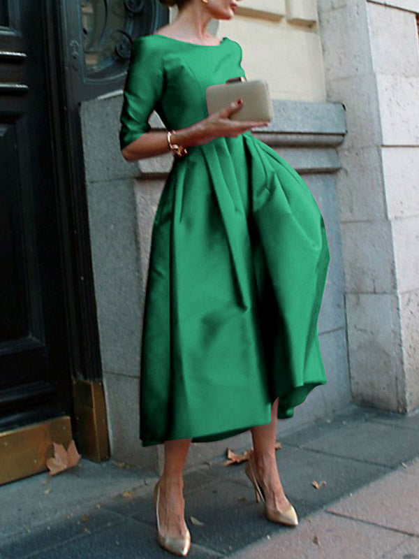 Olivia Bennet | A-Line Loose Pleated Pockets Solid Color Split-Joint Round-Neck Midi Dresses