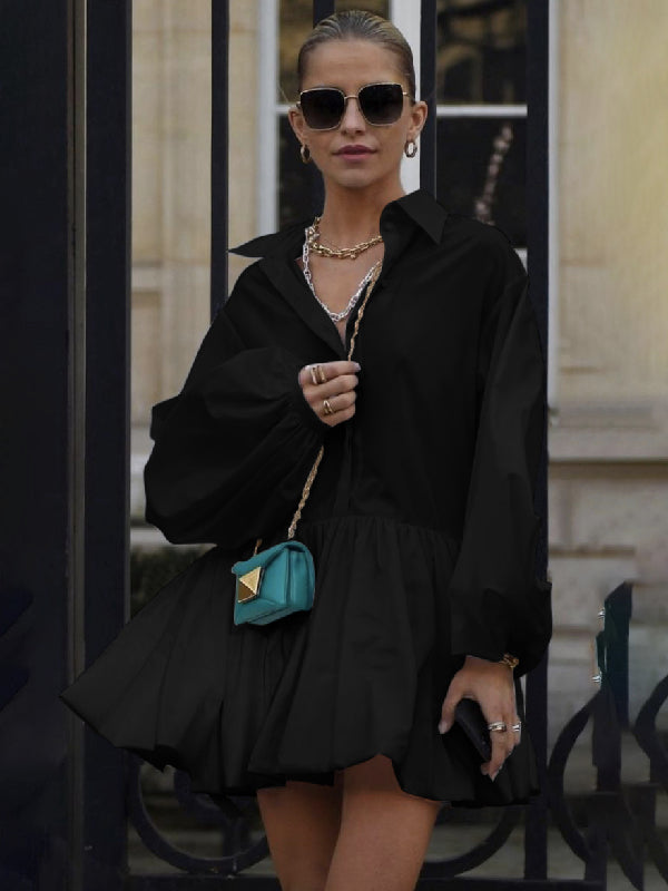 Olivia Bennet | Puff Sleeves Buttoned Solid Color Split-Joint Lapel Mini Dresses Shirt Dress