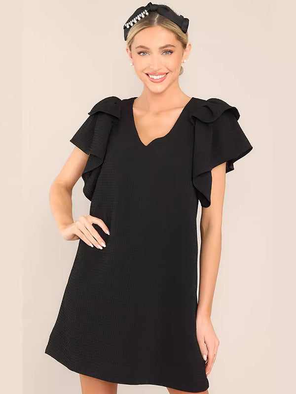 Olivia Bennet | Flared Sleeves Loose Comfort Solid Color V-Neck Mini Dresses