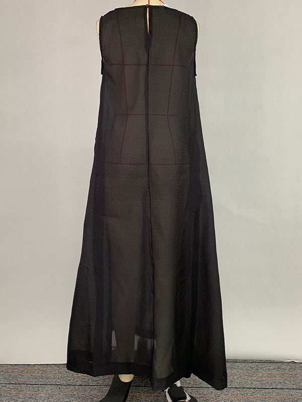 Olivia Bennet | A-Line Loose Pockets See-Through Solid Color Round-Neck Cover-Up Midi Dresses