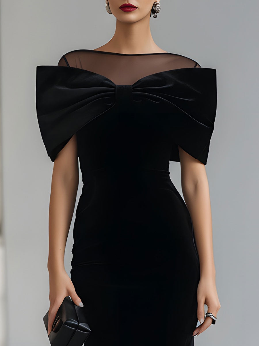 Olivia Bennet | Black Bow Midi Velvet Dress