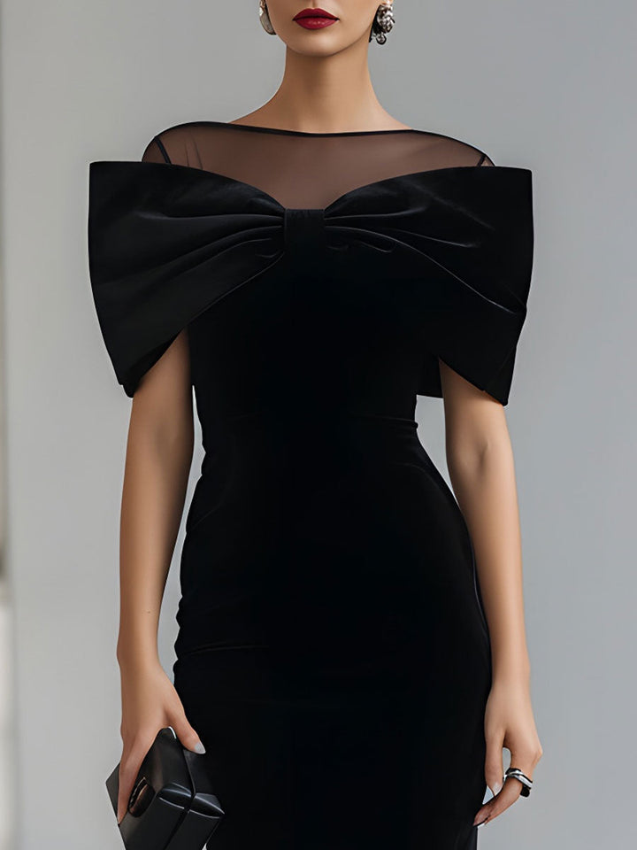 Olivia Bennet | Black Bow Midi Velvet Dress