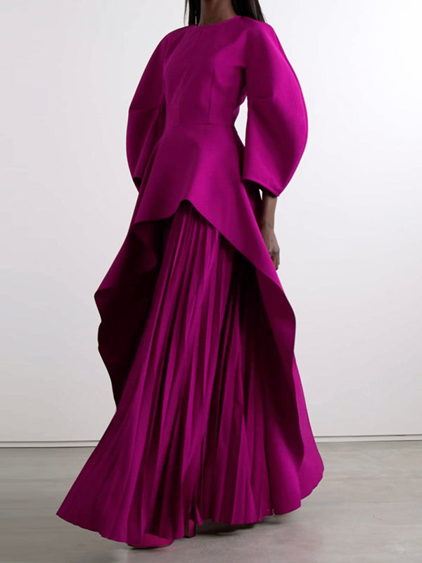 Olivia Bennet | Long Sleeves Loose Pleated Solid Color Split-Joint Tiered Round-Neck Maxi Dresses