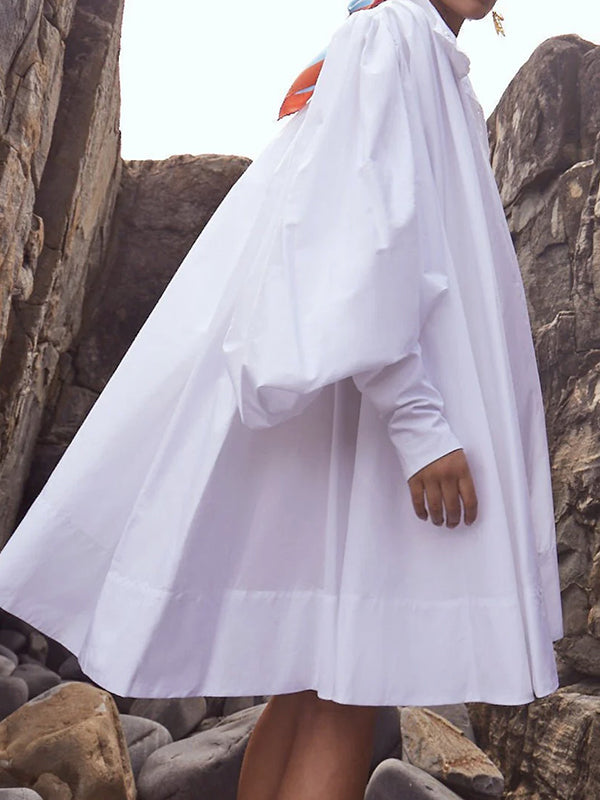 Olivia Bennet | Long Sleeves Loose Buttoned Solid Color Stand Collar Mini Dresses Shirt Dress
