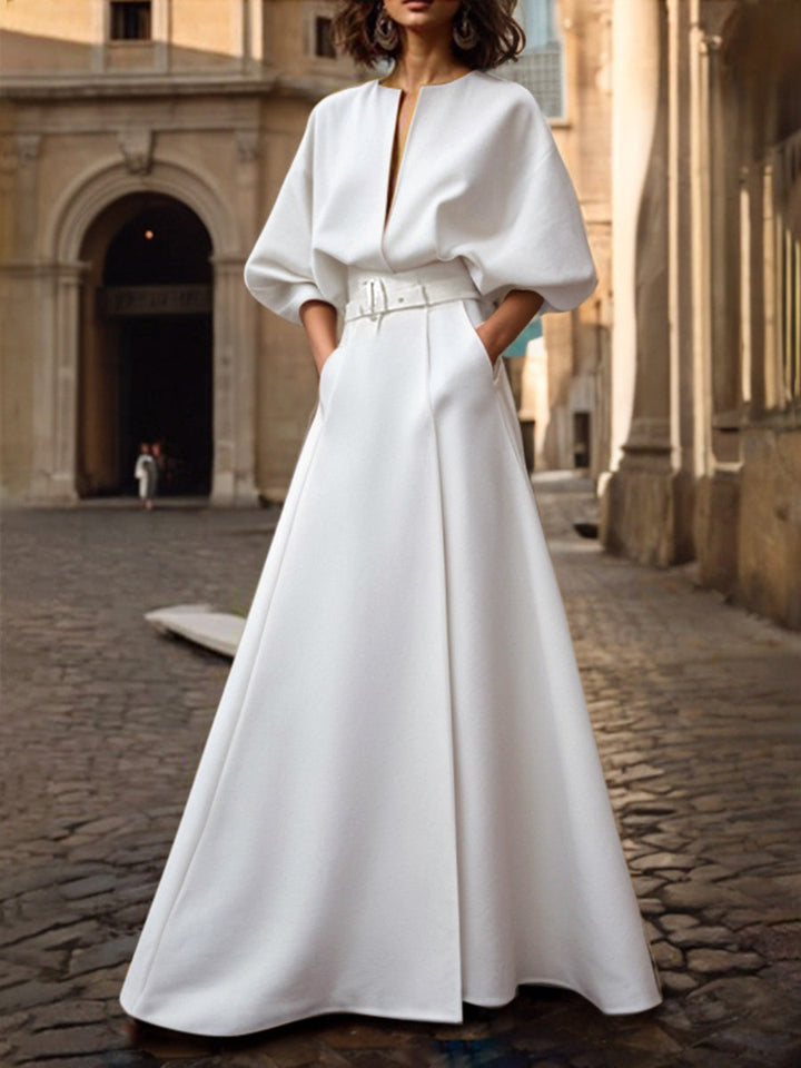 Olivia Bennet | Half Sleeves Loose Belted Solid Color Deep V-Neck Maxi Dresses