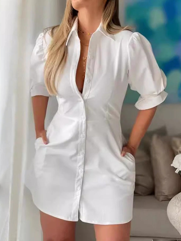 Olivia Bennet | Puff Sleeves Short Sleeves Solid Color Split-Joint Lapel Mini Dresses Shirt Dress