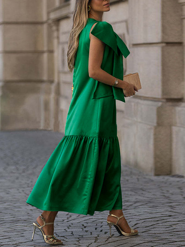 Olivia Bennet | Sleeveless Bowknot Pleated Split-Joint Round-Neck Maxi Dresses
