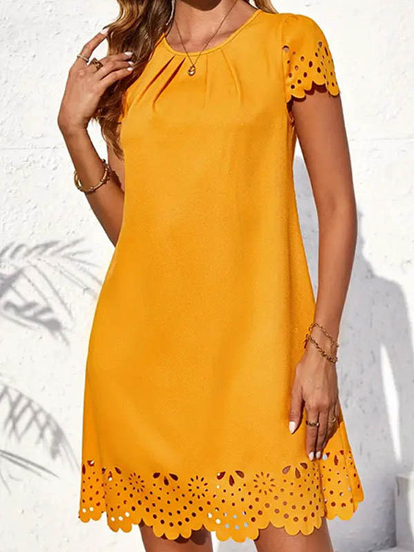 Olivia Bennet | Loose Short Sleeves Hollow Pleated Solid Color Split-Joint Round-Neck Mini Dresses