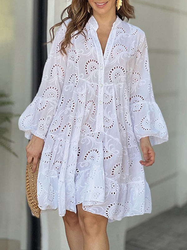 Olivia Bennet | A-Line Flared Sleeves Buttoned Hollow Solid Color Split-Joint V-Neck Mini Dresses