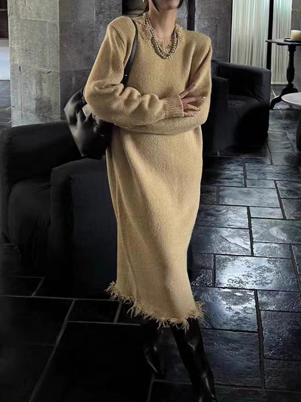 Olivia Bennet | High Waisted Long Sleeves Fringed Solid Color Round-Neck Midi Dresses Sweater Dresses
