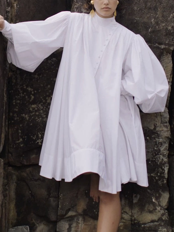 Olivia Bennet | Long Sleeves Loose Buttoned Solid Color Stand Collar Mini Dresses Shirt Dress
