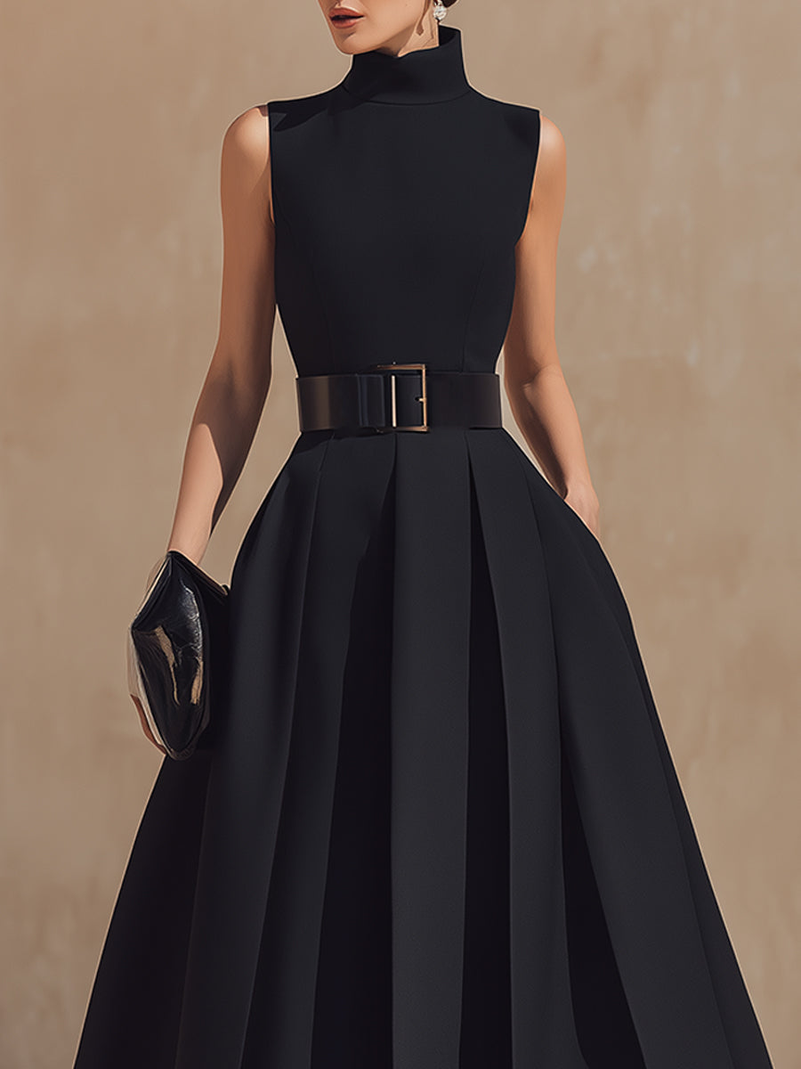 Olivia Bennet | Belted High-Neck Pleated Maxi Dress