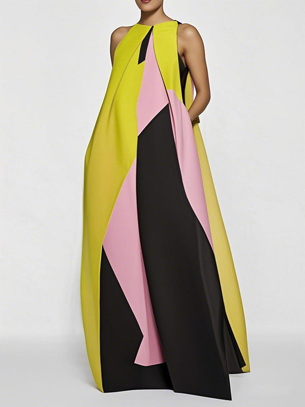 Olivia Bennet | A-Line Loose Color-Block Pleated Split-Joint Round-Neck Maxi Dresses