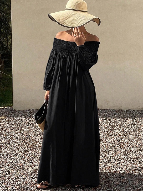 Olivia Bennet | Loose Puff Sleeves Elasticity Pleated Solid Color Off-The-Shoulder Maxi Dresses